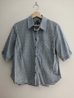 Liberty London Fabrics Short Sleeve Button Up Blue Floral Hemmed Sleeves Medium